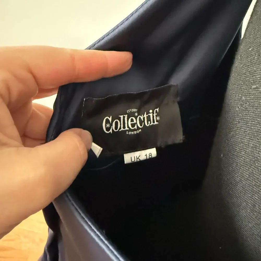 Collectif Navy Satin Formal Dress with White Belt - Picture 9 of 12